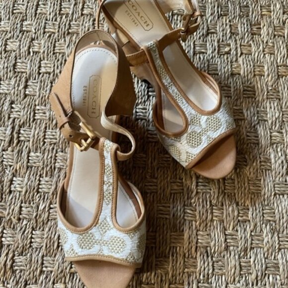 Coach Nelly tan & white raffia signature jacquard platform T-strap wooden wedge - Picture 1 of 6